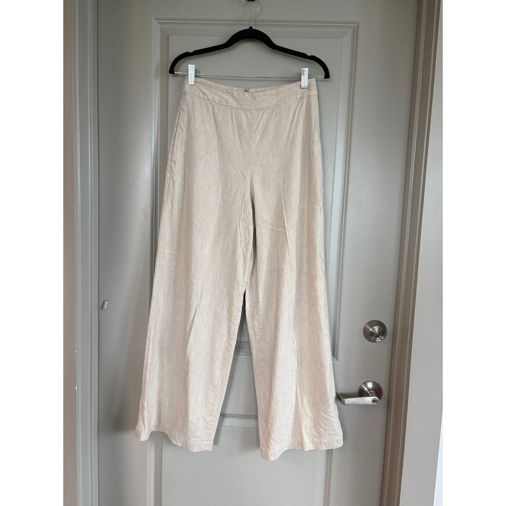 BCBGMAXAZRIA Wide Leg Pinstripe Linen Pants Beige Size S